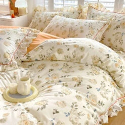 Floral Yellow Green Ruffles 100% Cotton 3pc Bedding Set -Kawaii Store kawaiies plushies plush softtoy floral yellow green ruffles 100 cotton 3pc bedding set home decor 113225