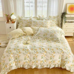 Floral Yellow Green Ruffles 100% Cotton 3pc Bedding Set -Kawaii Store kawaiies plushies plush softtoy floral yellow green ruffles 100 cotton 3pc bedding set home decor 193170
