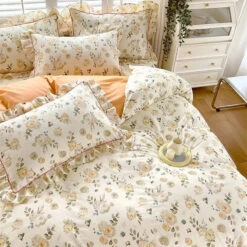 Floral Yellow Green Ruffles 100% Cotton 3pc Bedding Set -Kawaii Store kawaiies plushies plush softtoy floral yellow green ruffles 100 cotton 3pc bedding set home decor 248260