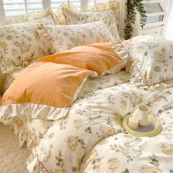 Floral Yellow Green Ruffles 100% Cotton 3pc Bedding Set -Kawaii Store kawaiies plushies plush softtoy floral yellow green ruffles 100 cotton 3pc bedding set home decor 275420