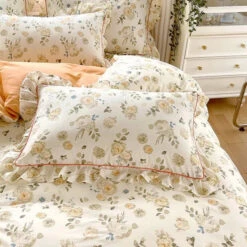 Floral Yellow Green Ruffles 100% Cotton 3pc Bedding Set -Kawaii Store kawaiies plushies plush softtoy floral yellow green ruffles 100 cotton 3pc bedding set home decor 761510