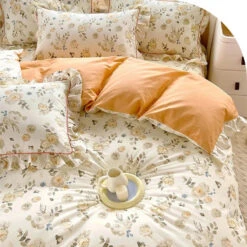 Floral Yellow Green Ruffles 100% Cotton 3pc Bedding Set -Kawaii Store kawaiies plushies plush softtoy floral yellow green ruffles 100 cotton 3pc bedding set home decor 798333