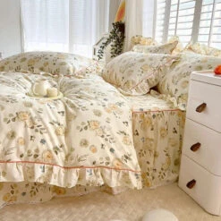 Floral Yellow Green Ruffles 100% Cotton 3pc Bedding Set -Kawaii Store kawaiies plushies plush softtoy floral yellow green ruffles 100 cotton 3pc bedding set home decor 841354