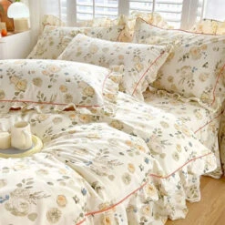 Floral Yellow Green Ruffles 100% Cotton 3pc Bedding Set -Kawaii Store kawaiies plushies plush softtoy floral yellow green ruffles 100 cotton 3pc bedding set home decor 943736