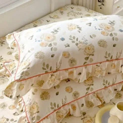 Floral Yellow Green Ruffles 100% Cotton 3pc Bedding Set -Kawaii Store kawaiies plushies plush softtoy floral yellow green ruffles 100 cotton 3pc bedding set home decor 954788