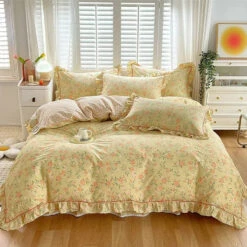 Floral Yellow Green Ruffles 100% Cotton 3pc Bedding Set -Kawaii Store kawaiies plushies plush softtoy floral yellow green ruffles 100 cotton 3pc bedding set home decor 979731