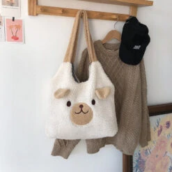 Apparel Fluffy Bear Tote Bag With Small Ears -Kawaii Store kawaiies plushies plush softtoy fluffy bear tote bag with small ears new bags 483440