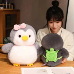 Fluffy Gray Penguin Plushie With Turtle Backpack -Kawaii Store kawaiies plushies plush softtoy fluffy gray penguin plushie with turtle backpack soft toy 473351