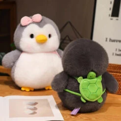 Fluffy Gray Penguin Plushie With Turtle Backpack -Kawaii Store kawaiies plushies plush softtoy fluffy gray penguin plushie with turtle backpack soft toy 851105