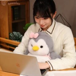 Fluffy Gray Penguin Plushie With Turtle Backpack -Kawaii Store kawaiies plushies plush softtoy fluffy gray penguin plushie with turtle backpack soft toy 870989