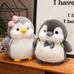 Fluffy Gray Penguin Plushie With Turtle Backpack