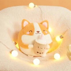 Fluffy Round Chubby Corgi Bubble Tea Plushie -Kawaii Store kawaiies plushies plush softtoy fluffy round chubby corgi bubble tea plushie new soft toy cheerful 12in 30cm 578268