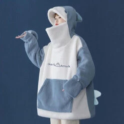 Apparel Fluffy Shark Hoodie -Kawaii Store kawaiies plushies plush softtoy fluffy shark hoodie hoodies blue l 657461