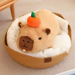 Fluffy Sleepy Capybara With Orange Plushie -Kawaii Store kawaiies plushies plush softtoy fluffy sleepy capybara with orange plushie soft toy 330233