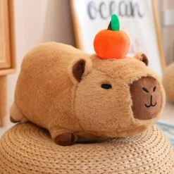 Fluffy Sleepy Capybara With Orange Plushie -Kawaii Store kawaiies plushies plush softtoy fluffy sleepy capybara with orange plushie soft toy lay 8in 20cm 466560