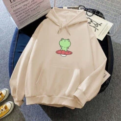 Apparel Friendly Frog Dancing On Mushroom Hoodie -Kawaii Store kawaiies plushies plush softtoy friendly frog dancing on mushroom hoodie hoodies cream s 496328