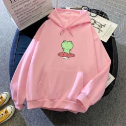 Apparel Friendly Frog Dancing On Mushroom Hoodie -Kawaii Store kawaiies plushies plush softtoy friendly frog dancing on mushroom hoodie hoodies pink m 216830