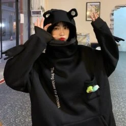 Apparel Frog Hood Hoodie *EXCLUSIVE* -Kawaii Store kawaiies plushies plush softtoy frog hood oversized hoodie exclusive hoodies black xxl 785271