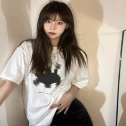 Apparel Fuzzy Black Cat White Women's Tee -Kawaii Store kawaiies plushies plush softtoy fuzzy black cat white womens tee apparel 679846