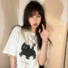 Apparel Fuzzy Black Cat White Women's Tee -Kawaii Store kawaiies plushies plush softtoy fuzzy black cat white womens tee apparel s 314525