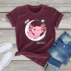 Apparel Galaxy Axolotl Landing On The Moon Cotton Tee -Kawaii Store kawaiies plushies plush softtoy galaxy axolotl landing on the moon cotton tee apparel burgundy xs 938057