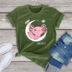 Apparel Galaxy Axolotl Landing On The Moon Cotton Tee -Kawaii Store kawaiies plushies plush softtoy galaxy axolotl landing on the moon cotton tee apparel green xs 922185