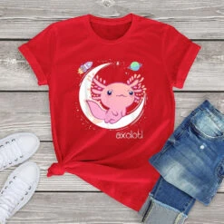 Apparel Galaxy Axolotl Landing On The Moon Cotton Tee -Kawaii Store kawaiies plushies plush softtoy galaxy axolotl landing on the moon cotton tee apparel red xs 346366