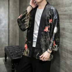 Apparel Golden Koi And Japanese Crane Men Kimono -Kawaii Store kawaiies plushies plush softtoy golden koi and japanese crane men kimono kimono 809289