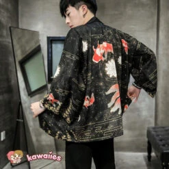 Apparel Golden Koi And Japanese Crane Men Kimono -Kawaii Store kawaiies plushies plush softtoy golden koi and japanese crane men kimono kimono 820680