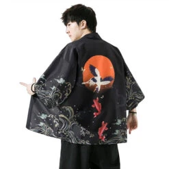 Apparel Golden Koi And Japanese Crane Men Kimono -Kawaii Store kawaiies plushies plush softtoy golden koi and japanese crane men kimono kimono 876123