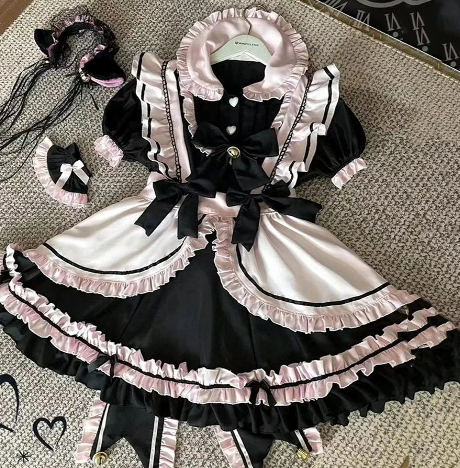 Apparel Gothic Black Pink Sweet Lolita Women's Maid Dress Bowknots 11 Apparel Gothic Black Pink Sweet Lolita Women's Maid Dress Bowknots - Image 9
