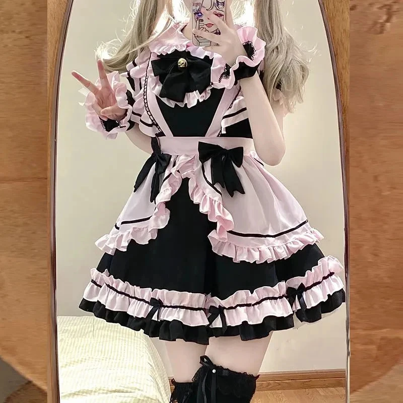 Apparel Gothic Black Pink Sweet Lolita Women's Maid Dress Bowknots 3 Apparel Gothic Black Pink Sweet Lolita Women's Maid Dress Bowknots