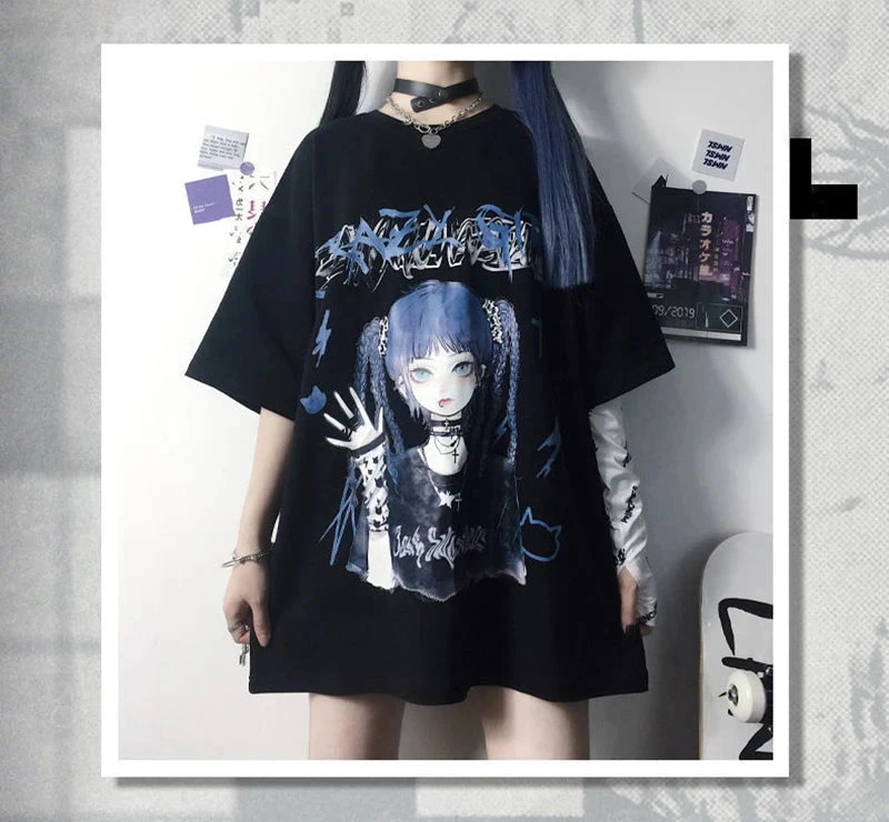 Apparel Gothic Blue Hair Emo Anime Girl Women's Tee 12 Apparel Gothic Blue Hair Emo Anime Girl Women's Tee - Image 10