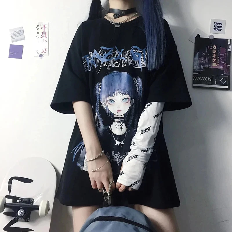 Apparel Gothic Blue Hair Emo Anime Girl Women's Tee 3 Apparel Gothic Blue Hair Emo Anime Girl Women's Tee