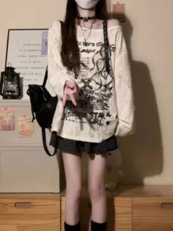 Apparel Gothic Graphic Off-Shoulder Buckle Long Sleeve Beige Gray Tee -Kawaii Store kawaiies plushies plush softtoy gothic graphic off shoulder buckle long sleeve beige gray tee apparel 192257