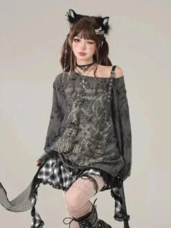 Apparel Gothic Graphic Off-Shoulder Buckle Long Sleeve Beige Gray Tee -Kawaii Store kawaiies plushies plush softtoy gothic graphic off shoulder buckle long sleeve beige gray tee apparel 296389