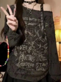 Apparel Gothic Graphic Off-Shoulder Buckle Long Sleeve Beige Gray Tee -Kawaii Store kawaiies plushies plush softtoy gothic graphic off shoulder buckle long sleeve beige gray tee apparel 318592