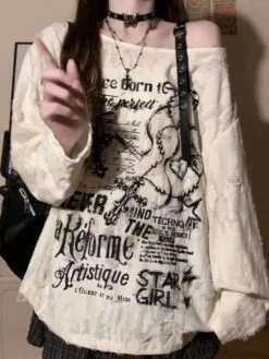 Apparel Gothic Graphic Off-Shoulder Buckle Long Sleeve Beige Gray Tee -Kawaii Store kawaiies plushies plush softtoy gothic graphic off shoulder buckle long sleeve beige gray tee apparel 337113