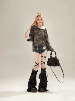 Apparel Gothic Graphic Off-Shoulder Buckle Long Sleeve Beige Gray Tee -Kawaii Store kawaiies plushies plush softtoy gothic graphic off shoulder buckle long sleeve beige gray tee apparel 344919