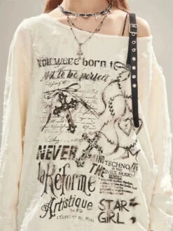 Apparel Gothic Graphic Off-Shoulder Buckle Long Sleeve Beige Gray Tee -Kawaii Store kawaiies plushies plush softtoy gothic graphic off shoulder buckle long sleeve beige gray tee apparel 480137