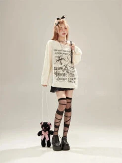 Apparel Gothic Graphic Off-Shoulder Buckle Long Sleeve Beige Gray Tee -Kawaii Store kawaiies plushies plush softtoy gothic graphic off shoulder buckle long sleeve beige gray tee apparel 483671