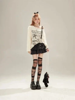 Apparel Gothic Graphic Off-Shoulder Buckle Long Sleeve Beige Gray Tee -Kawaii Store kawaiies plushies plush softtoy gothic graphic off shoulder buckle long sleeve beige gray tee apparel 641126