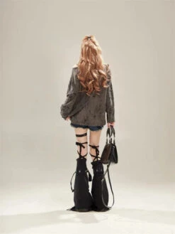 Apparel Gothic Graphic Off-Shoulder Buckle Long Sleeve Beige Gray Tee -Kawaii Store kawaiies plushies plush softtoy gothic graphic off shoulder buckle long sleeve beige gray tee apparel 765345