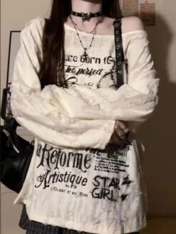 Apparel Gothic Graphic Off-Shoulder Buckle Long Sleeve Beige Gray Tee -Kawaii Store kawaiies plushies plush softtoy gothic graphic off shoulder buckle long sleeve beige gray tee apparel 936960