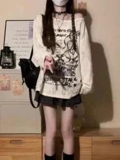 Apparel Gothic Graphic Off-Shoulder Buckle Long Sleeve Beige Gray Tee -Kawaii Store kawaiies plushies plush softtoy gothic graphic off shoulder buckle long sleeve beige gray tee apparel 997102