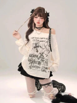 Apparel Gothic Graphic Off-Shoulder Buckle Long Sleeve Beige Gray Tee -Kawaii Store kawaiies plushies plush softtoy gothic graphic off shoulder buckle long sleeve beige gray tee apparel beige m 463676