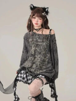 Apparel Gothic Graphic Off-Shoulder Buckle Long Sleeve Beige Gray Tee -Kawaii Store kawaiies plushies plush softtoy gothic graphic off shoulder buckle long sleeve beige gray tee apparel gray l 173972