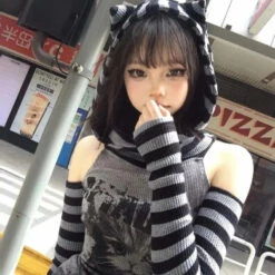 Apparel Gothic Gray Striped Cat Hooded Women's Top -Kawaii Store kawaiies plushies plush softtoy gothic gray striped cat hooded womens top apparel 436028