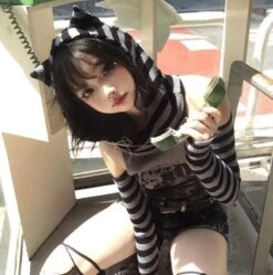 Apparel Gothic Gray Striped Cat Hooded Women's Top -Kawaii Store kawaiies plushies plush softtoy gothic gray striped cat hooded womens top apparel 468967