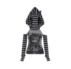Apparel Gothic Gray Striped Cat Hooded Women's Top -Kawaii Store kawaiies plushies plush softtoy gothic gray striped cat hooded womens top apparel 542510